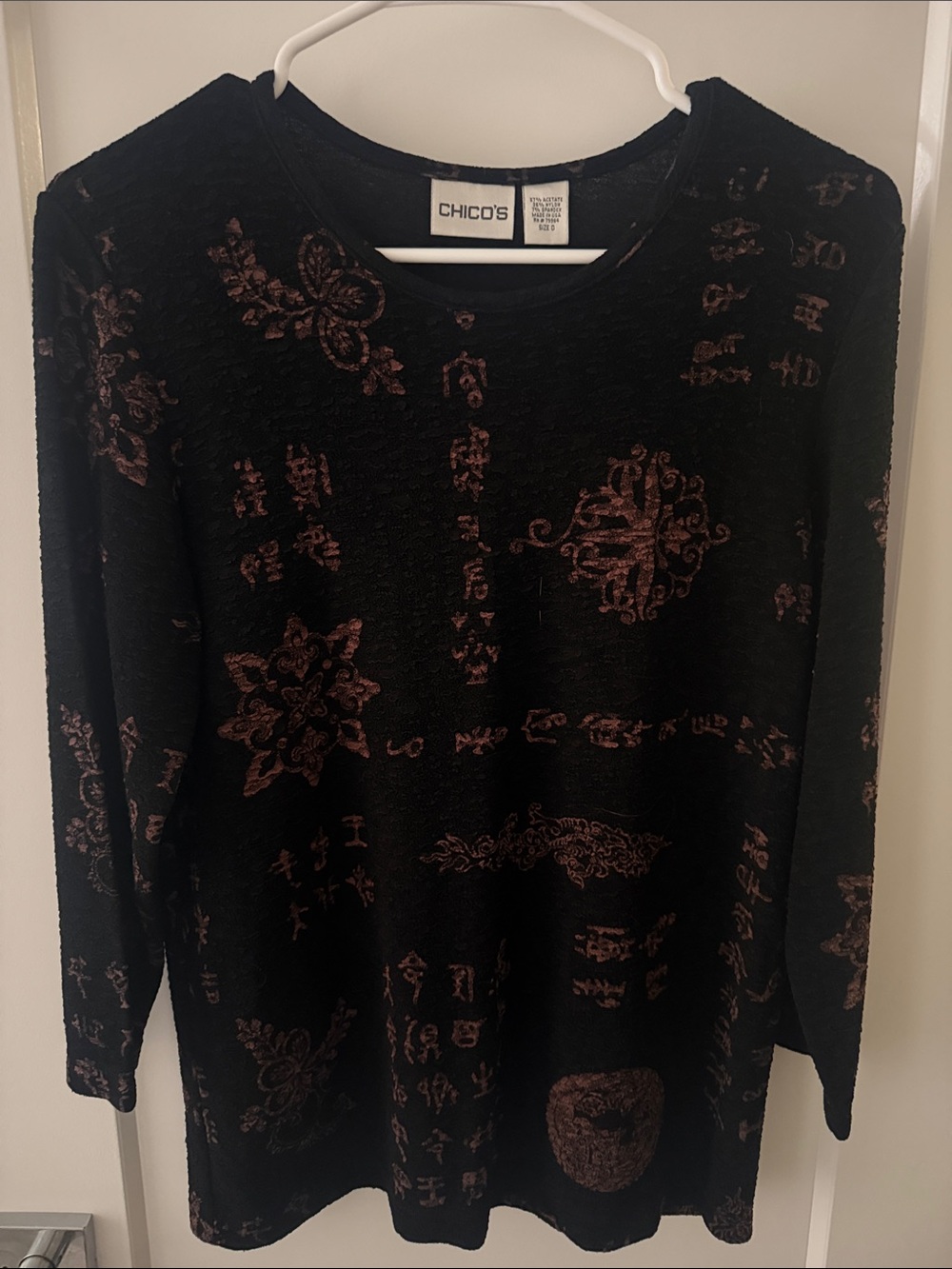 Chico's Black Crewneck Sweater with Copper Motif Print